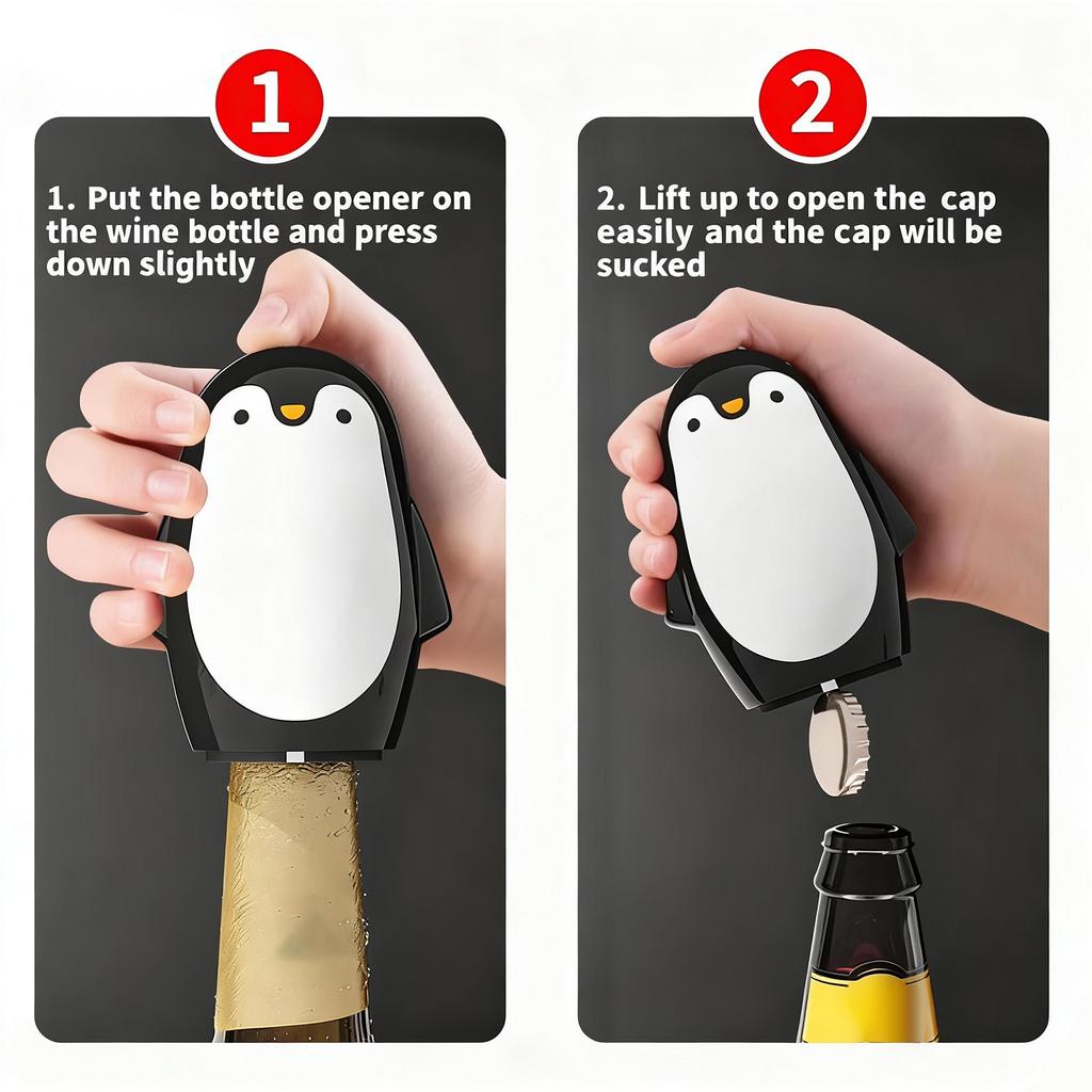 Penguin Bottle Opener – Magnetic Cap Catcher, Automatic Push Down Off Beer And Opener, Fun For Home Bar Camping And Parties