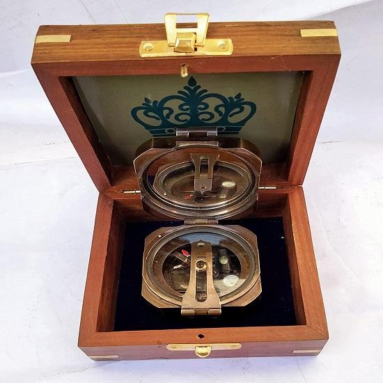 Brunton Compass Square Antique Finish with Wooden Box Collectible Gift