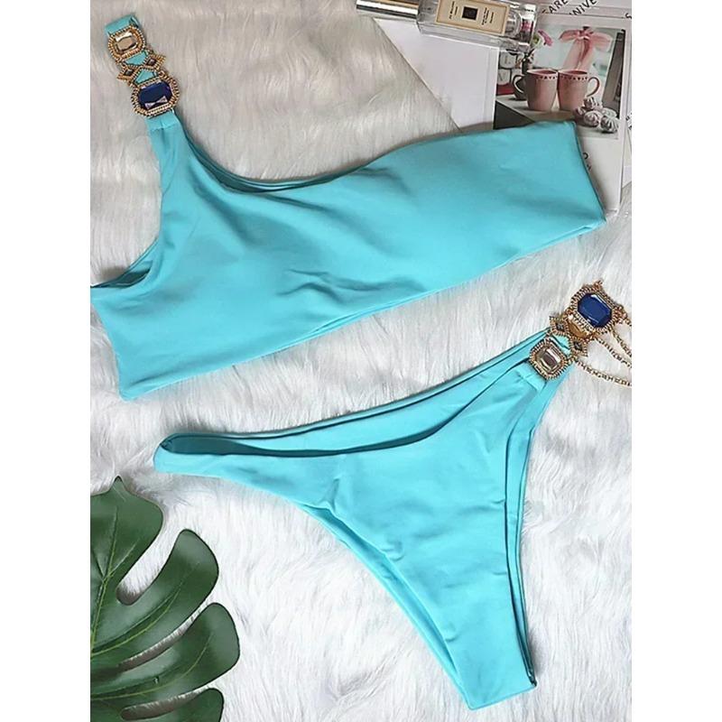 

2025 Блискуче стразове діамантове бікіні Жіночий купальник Жіночий купальний костюм Комплект бікіні з двох частин Халтер Металеві ланцюжки Купальний костюм S