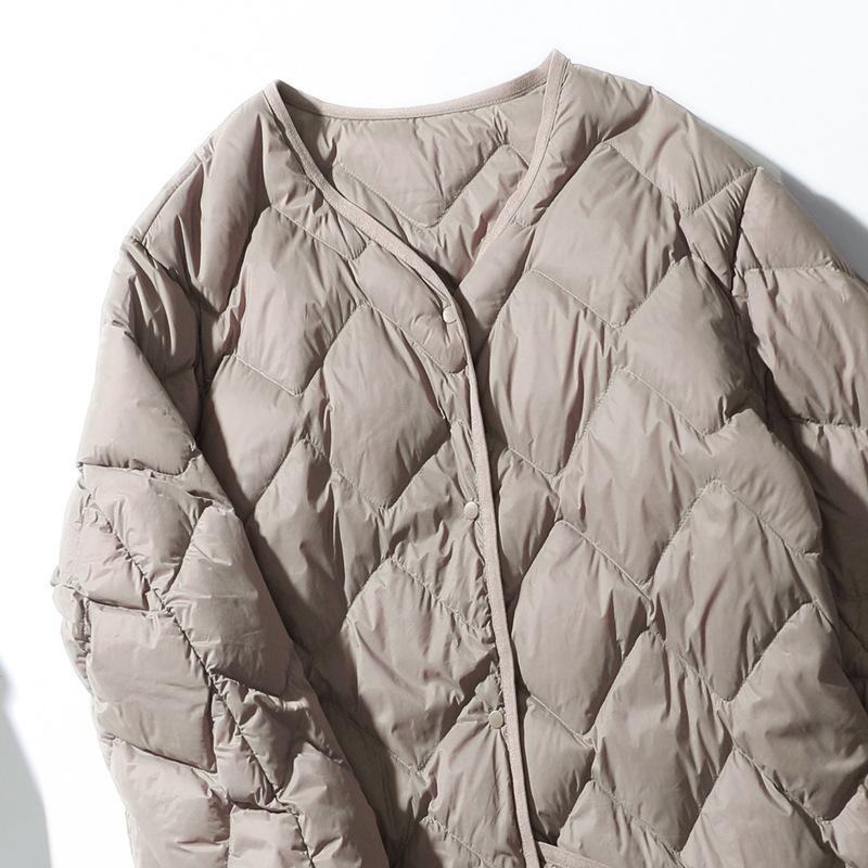 Women White Down Long Jacket V Neck Collar Casual Autumn Winter Outwear Coat Fashion