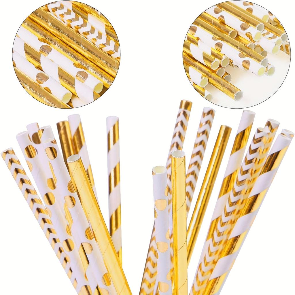 50pcs Golden Foil Paper Straws Biodegradable Striped Wave Polka Dot Disposable Drinking Straws For Party Wedding Birthday