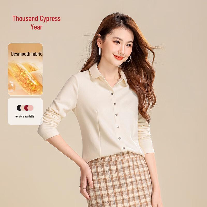 Qianbainian Women s Autumn/Winter Solid Warm Slim-Fit Long-Sleeve Shirt 4XL