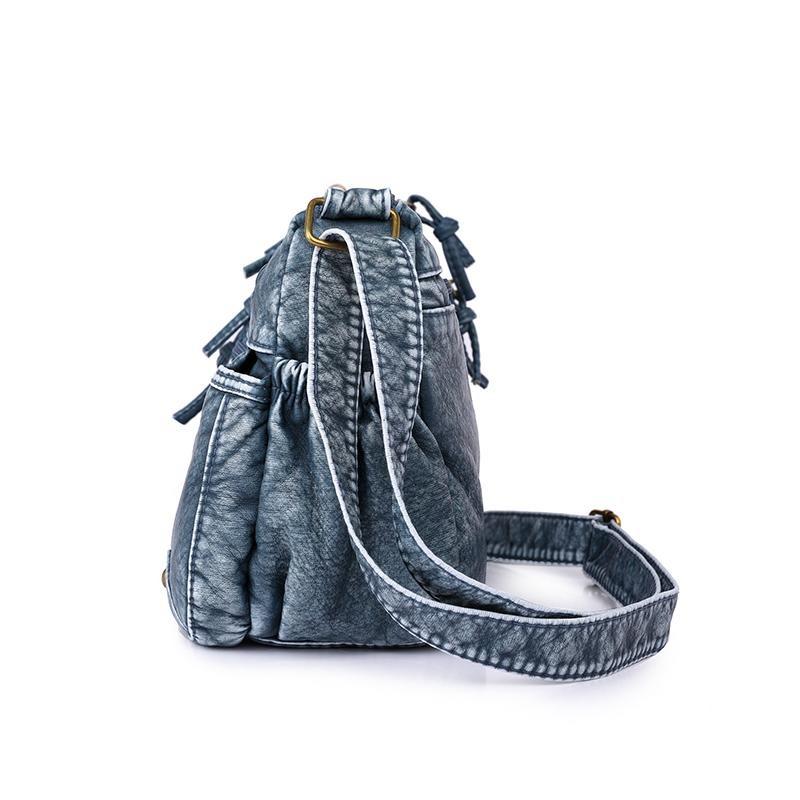 Vintage-Schultertasche aus Denim mit mehreren Reißverschlusstaschen und verstellbarem Riemen. Hochwertige Damen-Tragetasche/Umhängetasche.