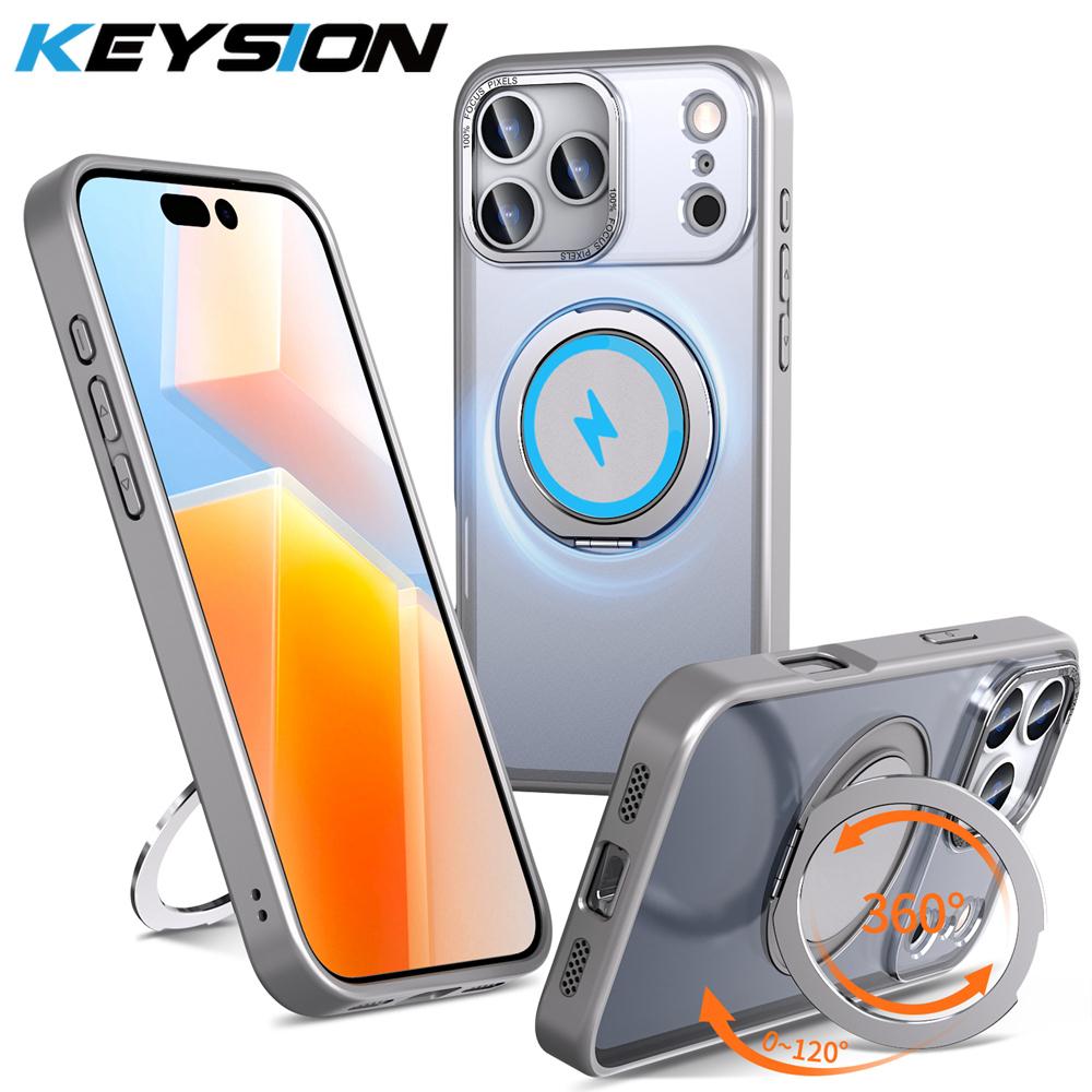 KEYSION Shockproof Matte Transparent Case for MagSafe for iPhone 17 Pro Max 360° Rotating Magnetic Ring Stand Phone Back Cover