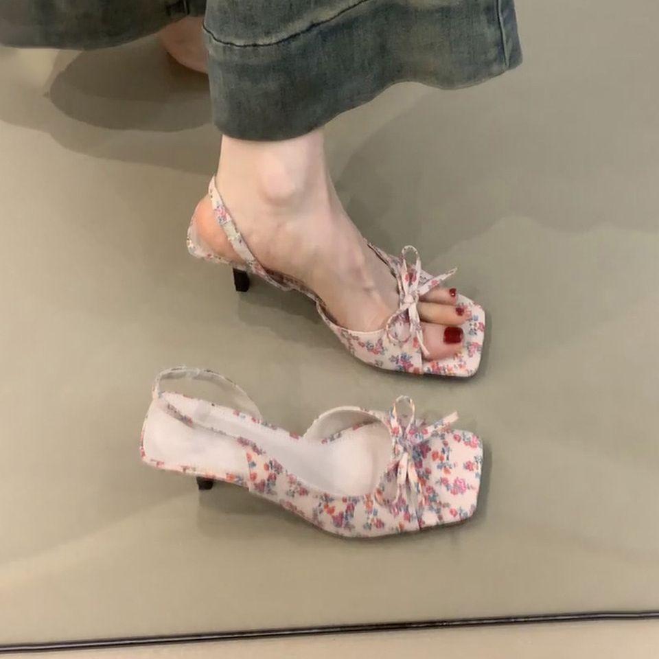 

Summer new French floral high-heeled sandals square head open-toed fairy bow stiletto with high heels women 40
