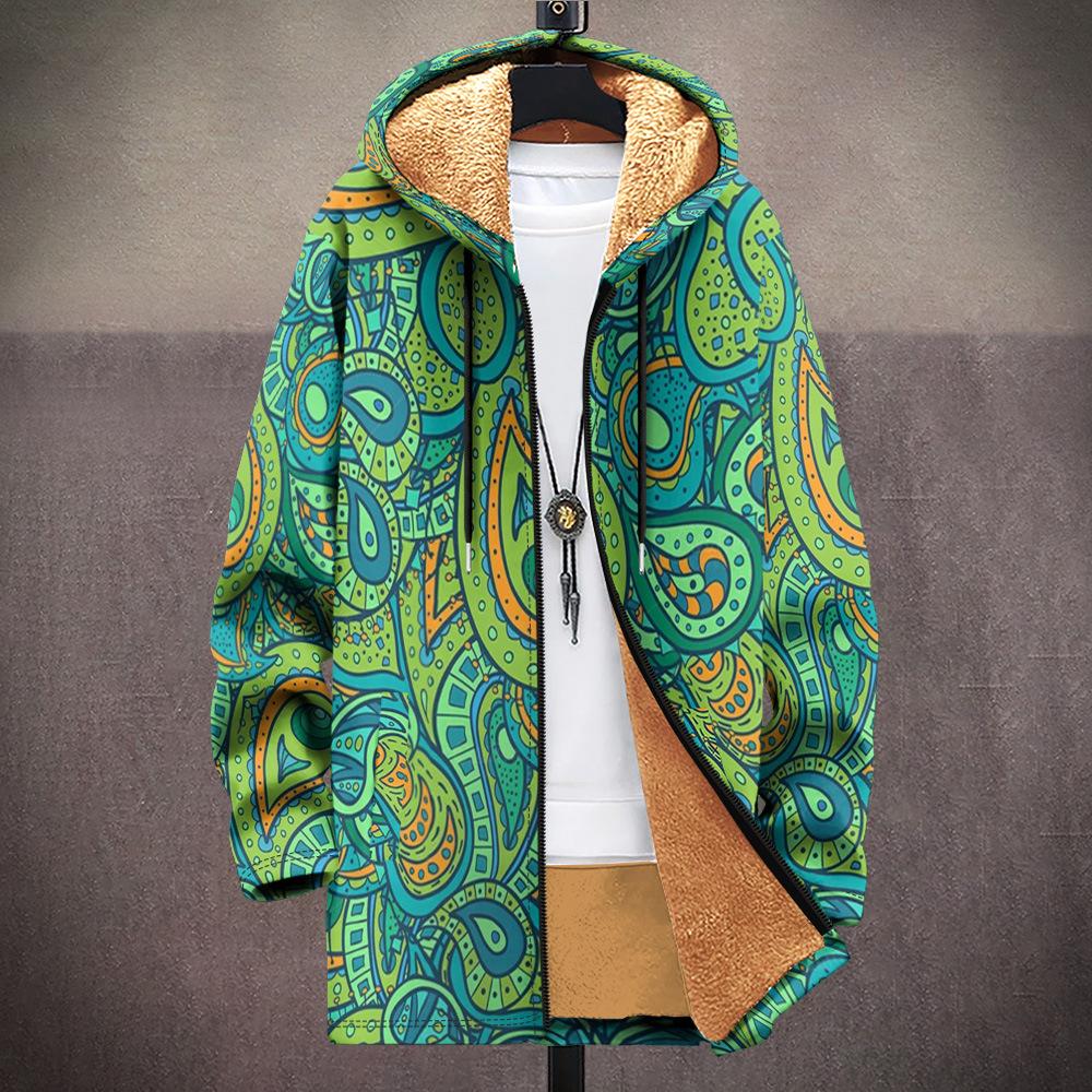 New jacket: multi-colored pattern elements, zipper hooded cardigan, thickened winter fleece padded clothes, yellow lining, trendy cotton clothes