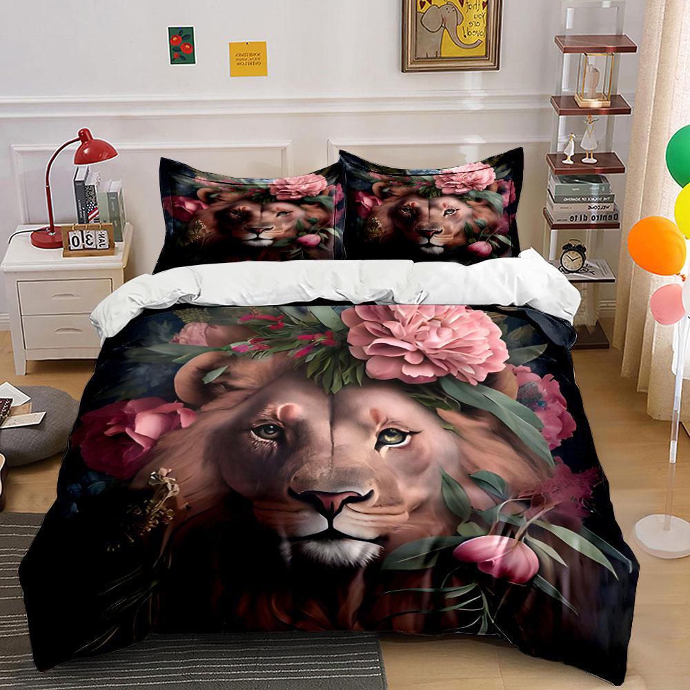 Floral Lion Decor Set Artwork Exquisite Three-Piece Bedding Set Gift For Kids And Adults