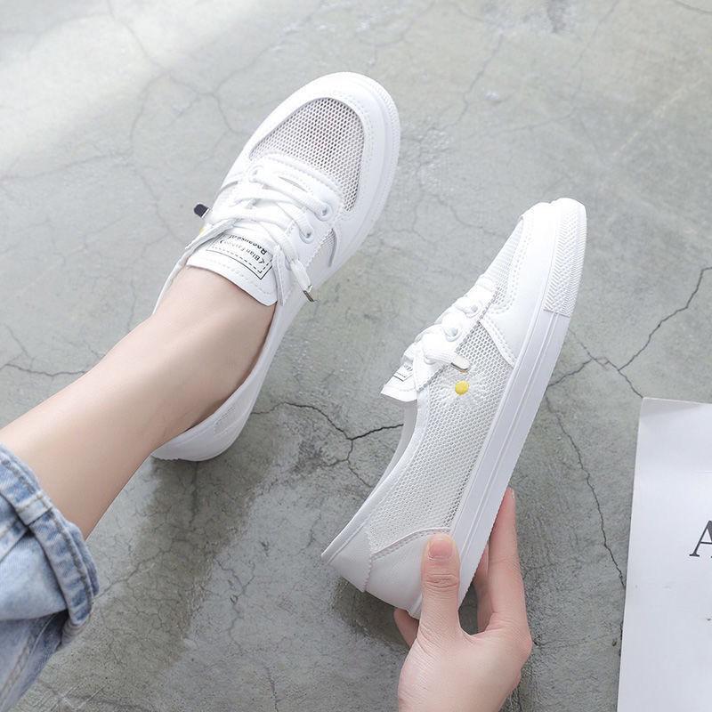 Women Spring Summer Flats Sneakers Mesh Breathable Lace Up Tennis Casual Light Hollow Femininos White Comfort Shoes