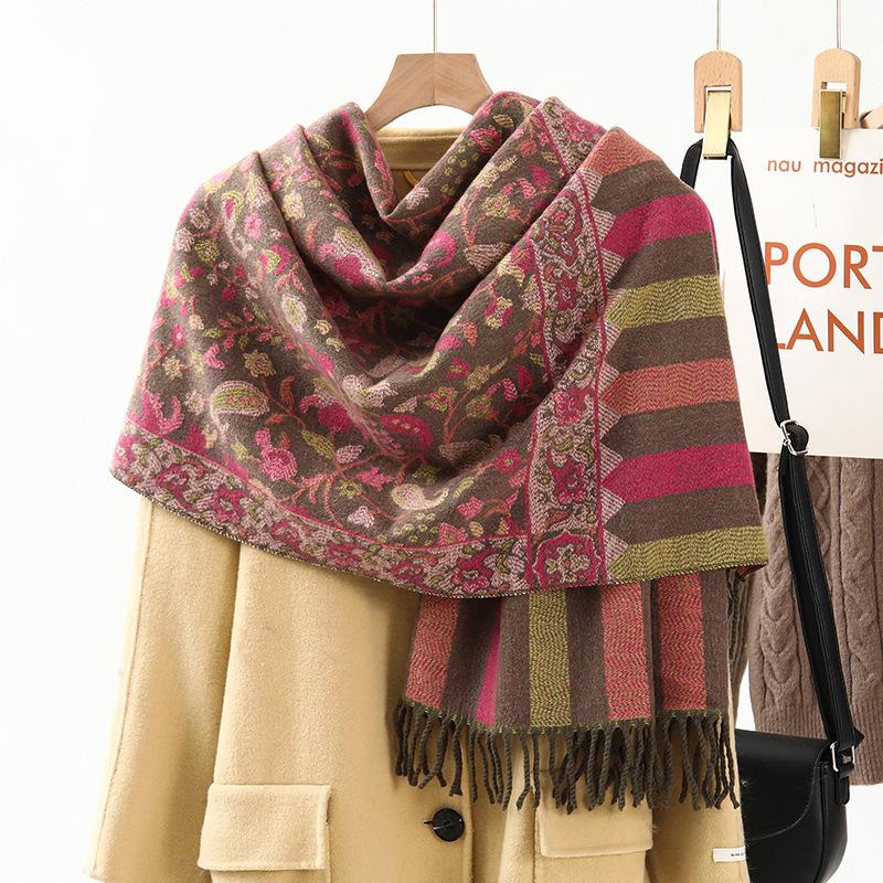 Jacquard Scarf Shawl with Decorative Imitation Cashmere Scarf for Women Winter High End New Style Thickened Ethnic Style Shawl
