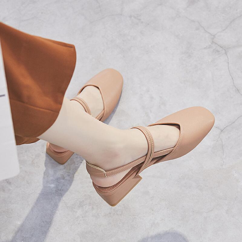 2025 New Women's Mid-heeled Sandals Square Head Buckle Thick Heel Korean Version Women's Sandals Hollow Women's Shoes