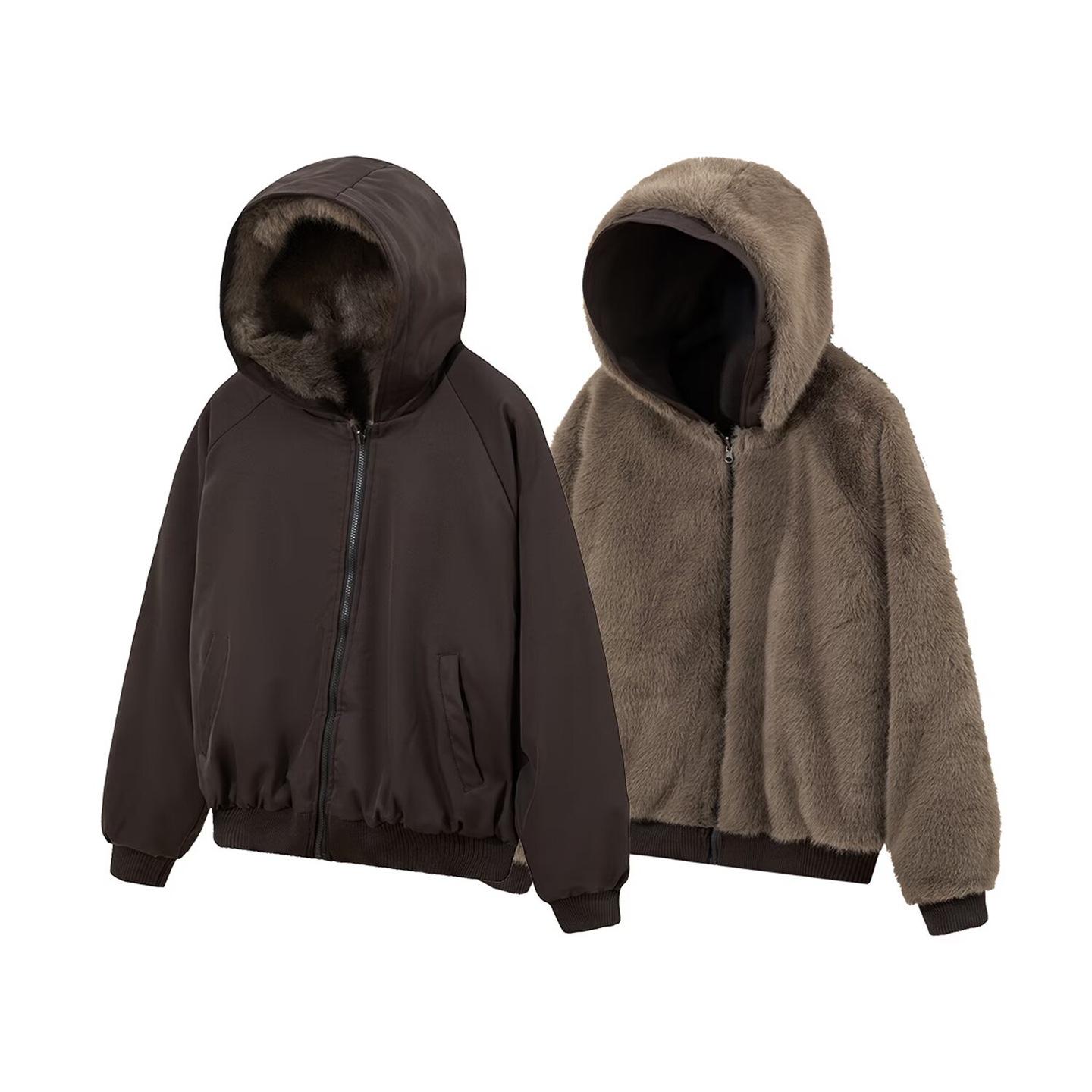 

Unisex Reversible Coffee-Colored Cotton Jacket: Warm, Loose-Fit Winter Coat with Zipper XL
