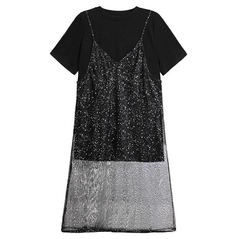 

XITAO Sequin Mesh O-neck Dress ZMY1235 One Size чёрный