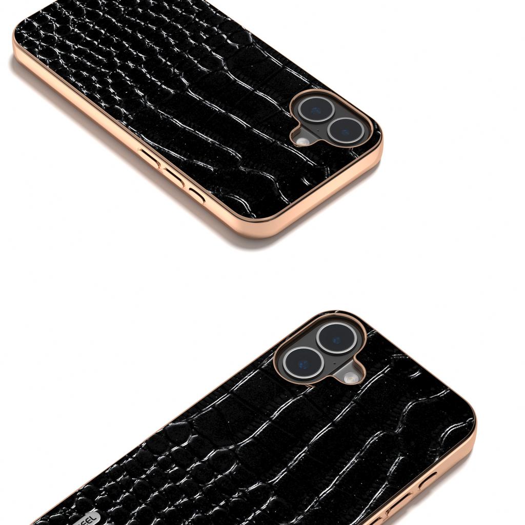 ABEEL For iPhone 16 Plus Case Electroplating Edge Crocodile Texture Genuine Cow Leather Back Phone Cover