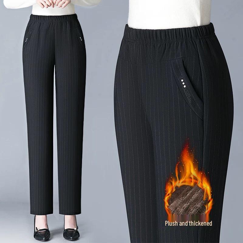 Plus Size Fleece-Lined Pants for Middle-Aged Women - Loose Thick Casual Straight-Leg for Spring Autumn and Winter