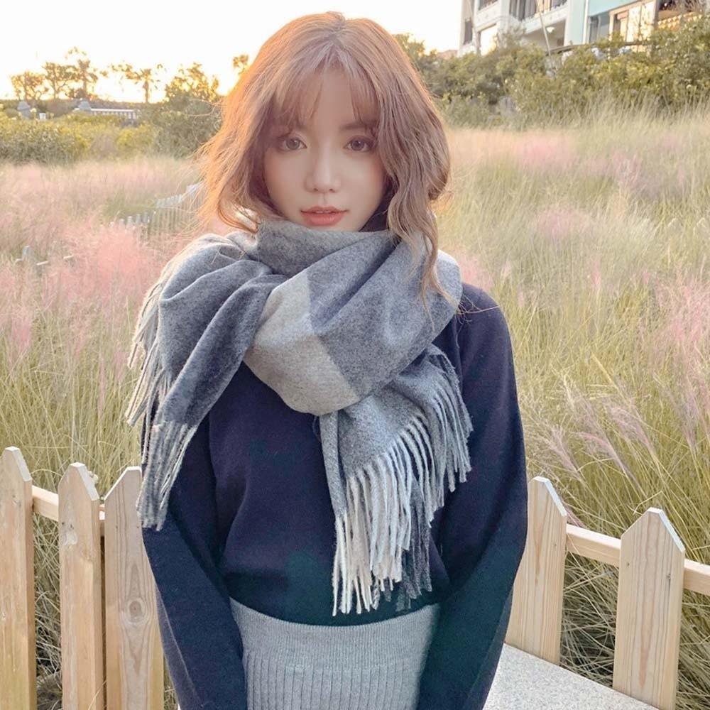 Wool Classic Plaid Scarf Polyester Long Neckscarf with Tassel Shawl Knitted Wool Scarf  Autumn