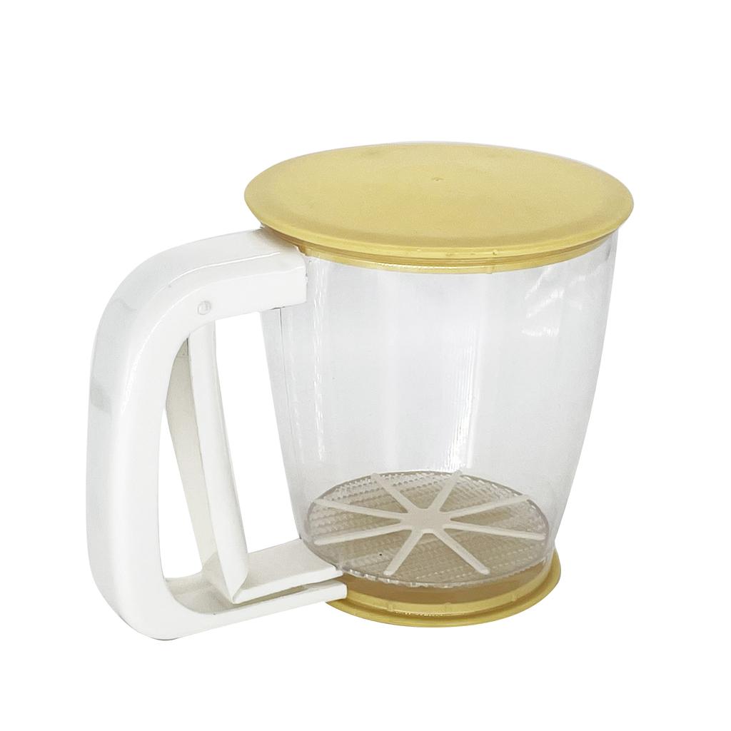 Kunststoff Halbautomatisches Mehlsieb Handbecher Mehlsieb Sieb Pulver Mesh Sieb Backzubehör Werkzeuge mit Deckel