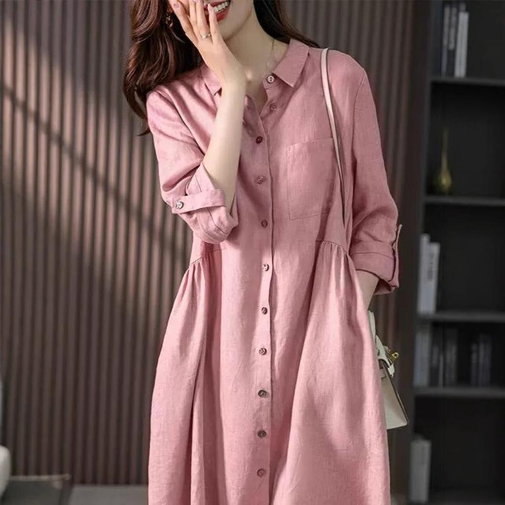 Elegant Linen Shirtdress Design for A Slim Solid Color Dress for Spring and Fall
