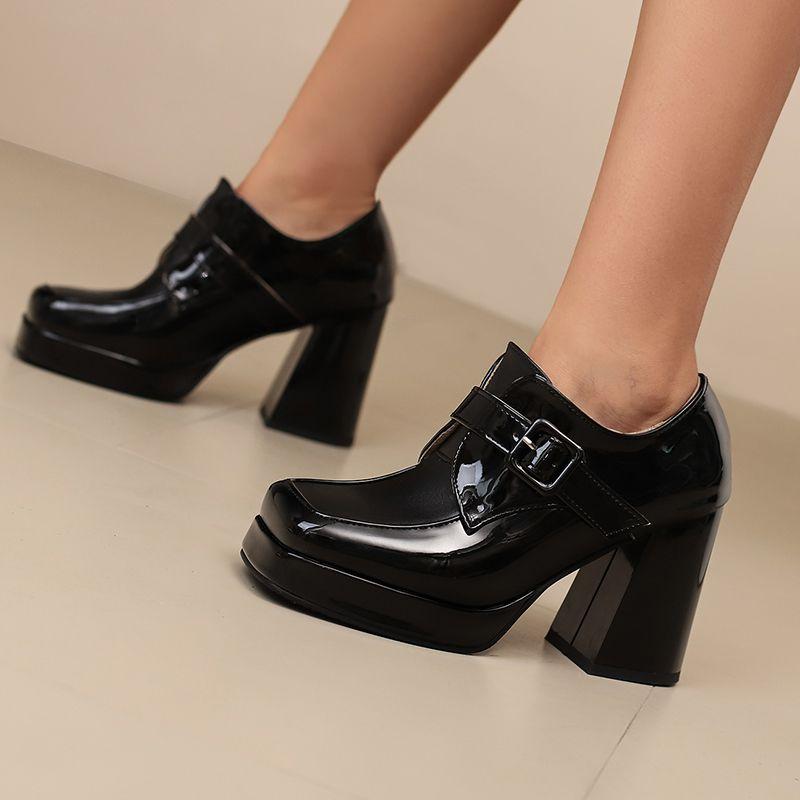Damen Pumps Eckige Zehenpartie Blockabsätze 9,5cm Plateau 2cm Gürtelschnalle Übergröße 47 48 Mode Dating Party Damenschuhe