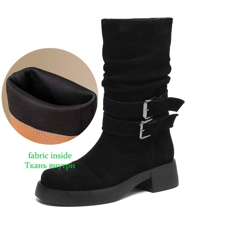 Krazing Pot Cow Suede Nubuck Winter Round Toe Modern Boots Med Heels Slip on Pleated Style Metal Buckle Mid-calf Boots