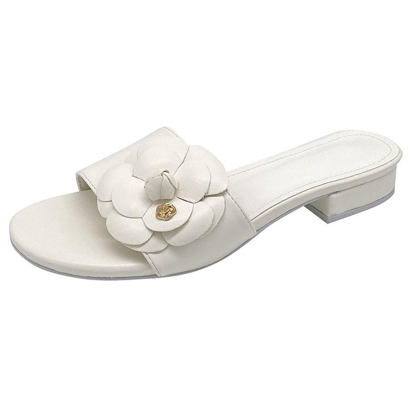 Fashion Designer Camellia flower slippers women 2025 sandalias summer lazy shoes ladies ins low heels metal camellia floral slides mujer