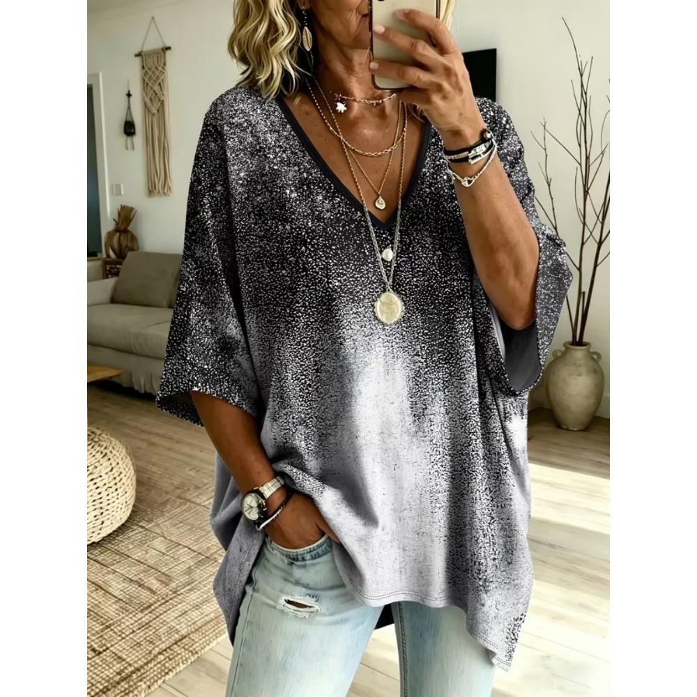 Plus size women's simple patchwork leopard pattern print V-neck top three-quarter sleeves loose plus size casual daily T-shirt