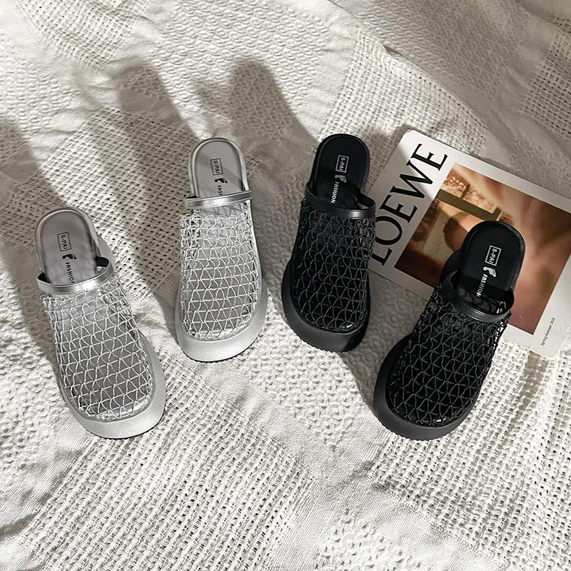 Fashion High-Heeled Shoes Lady Womens Slippers Outdoor On A Wedge Cover Toe Slides Platform Pantofle Fretwork Summer 2025 Female Shoes C