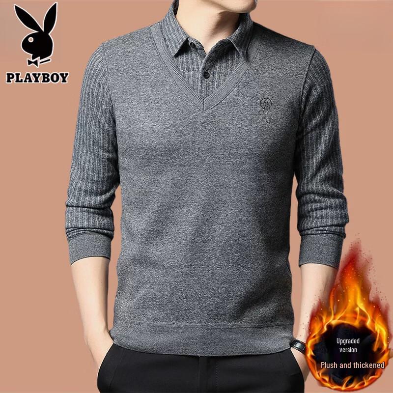 PLAYBOY Men's Faux Two-Piece Fleece-Lined Sweater with Shirt Collar
