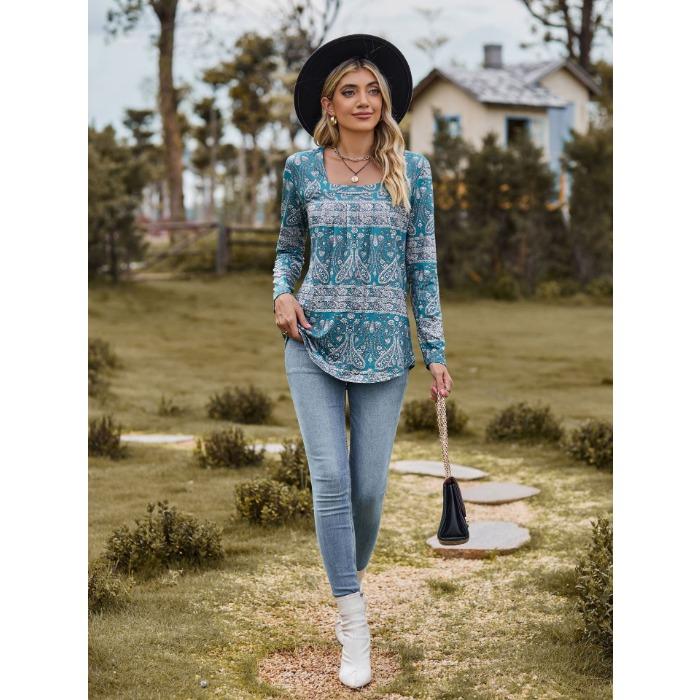 Autumn Women's Blouse Long Sleeve Square Neck Loose Comfortable Casual Printed Top