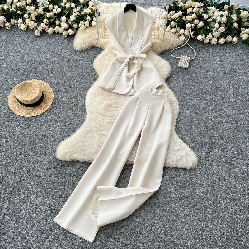 Summer Clothing Commuter Business Suit Women High-Grade Lace-up Waist Hugging Sleeveless Suit Top + High Waist Wide Leg Straight Pants