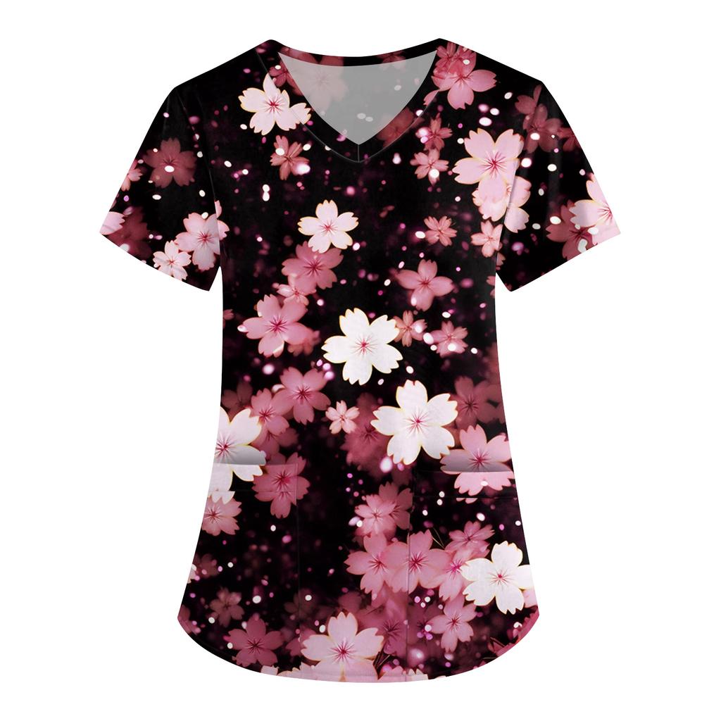Women's Cute Printed Work Clothes V-neck Double Layer Pockets Basic Short Sleeve Top Pullover Valentines