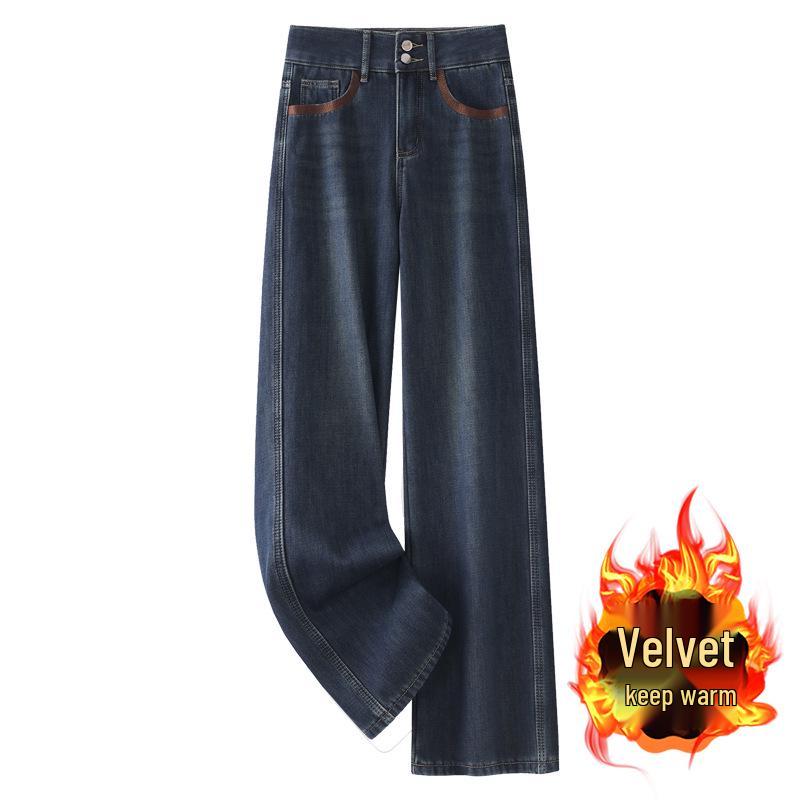 

Женские джинсы 2024 года с флисовой подкладкой, облегающего кроя, с широкими штанинами - Новые осенне-зимние винтажные с высокой посадкой, прямого кроя 2XL