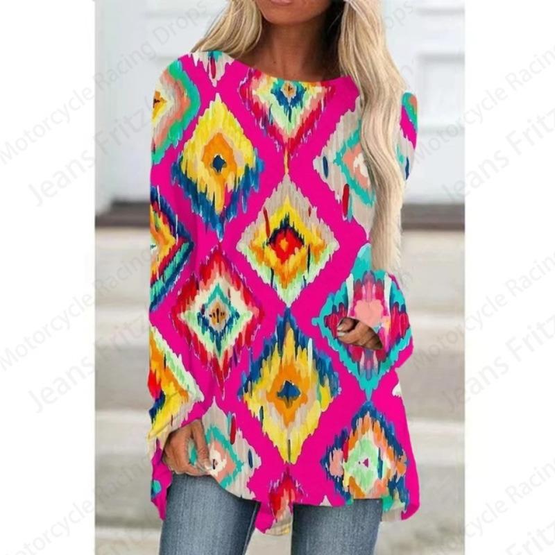 European Pattern 3d Print Women Fashion T-shirt Long Sleeve Tunic Top Casual Long Tops Floral Lady Clothes Y2K
