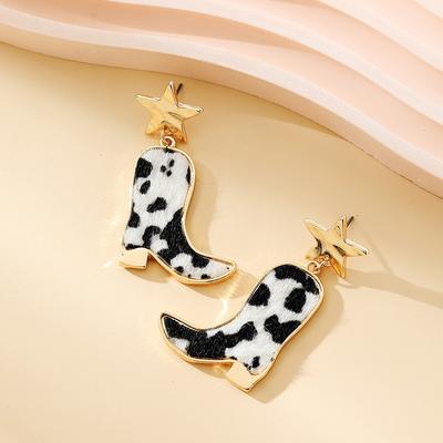 Dangly Cow Print Boot Cowboy Cowgirl Western Earrings Brown Metal Zircon Boho Bohemia Fur Hat Boot Star Earrings Golden EAR0126