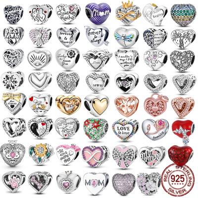 925 Sterling Silver Angel Mom Family Love Heart series Korálky Fit Original Fasion Charms Náramky Ženy DIY Šperky Dárek