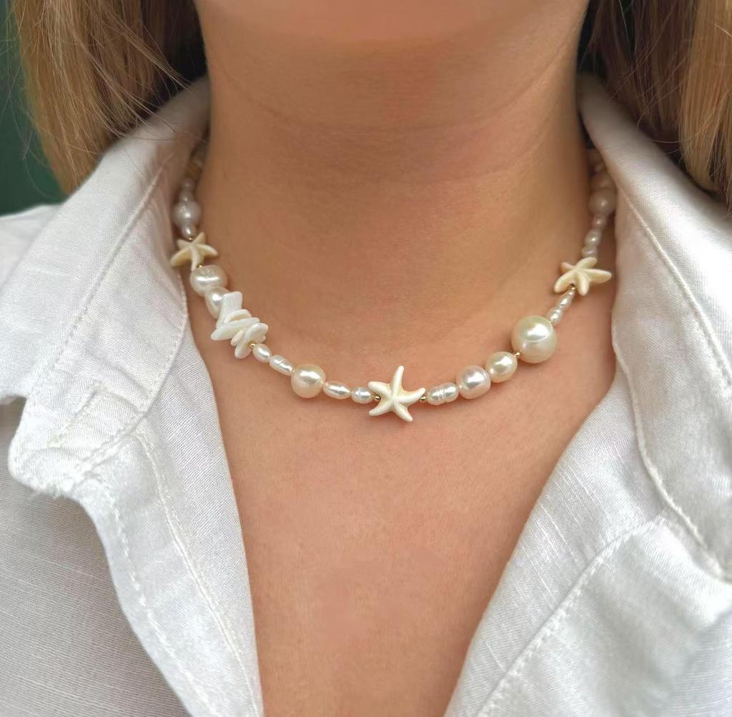 Colar de estrela-do-mar turquesa estilo praia de férias pérola de imitação irregular colar curto feminino