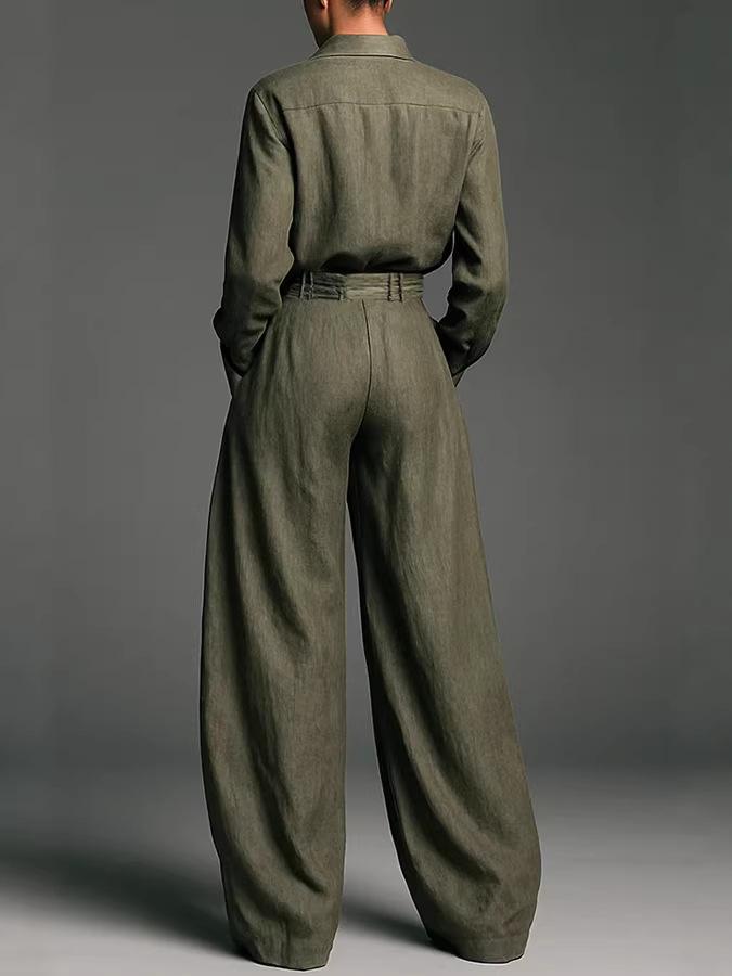 Euro-American Women's Retro Linen-Style Two-Piece Set: Long Sleeve Cardigan & Loose Pants 3057
