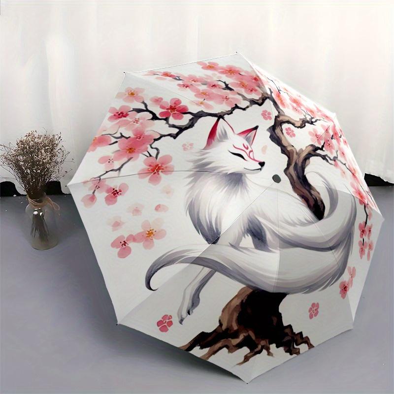 1pc Cherry Blossom Tree and Beautiful White Fox Pattern Automatic Umbrella is Fashionable and Good-Looking, a Portable 3-Fold Umbrella, Suitable