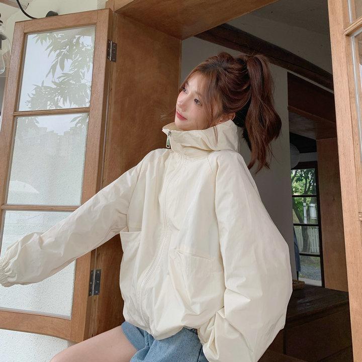 Hooded Short Sports Jacket Women's Casual Loose Solid Colour Zip Punching Jacket Spring and Summer Versatile Sunscreen Jacket
