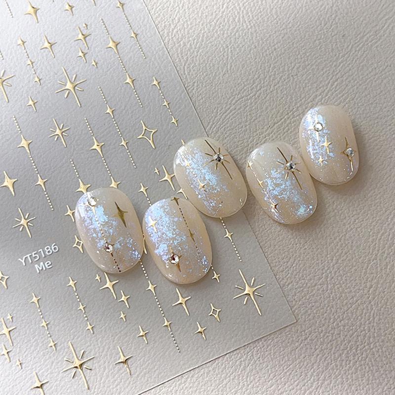 Gold Silver Stamped Starlight Laser Glitter Star Bronzing Relief Nail Art Decorations Stickers Manicure Decals