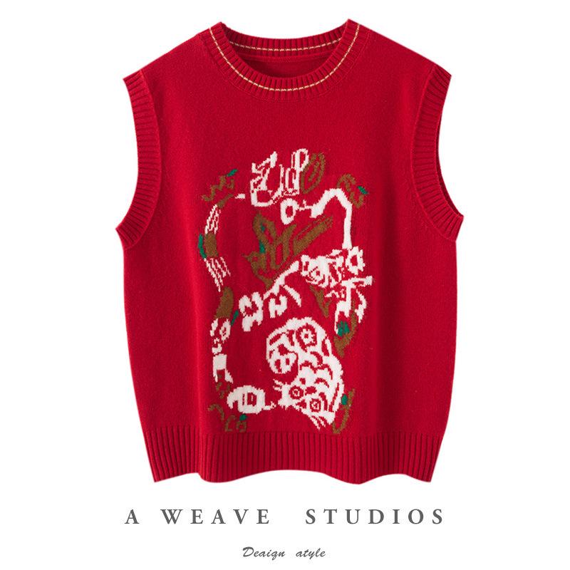 

Пять Благословений Новый Год Женский Жилет без рукавов из 100% шерсти красного цвета с круглым вырезом Large