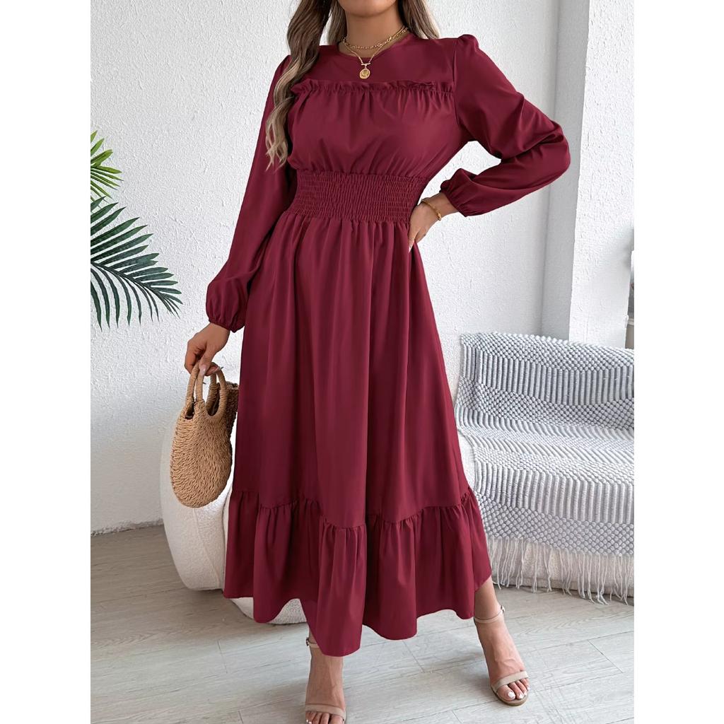 Autumn and Winter Casual Elegant Solid Color Round Neck Long Sleeved Waist Cinched Lotus Leaf Edge Dress Women Clothing