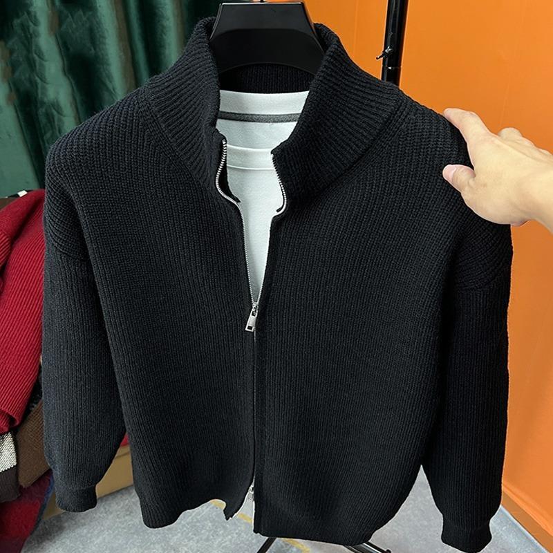 Men's Autumn Solid Color Zipper Knitted Sweater Slim Fit Stand Up Collar Jacket