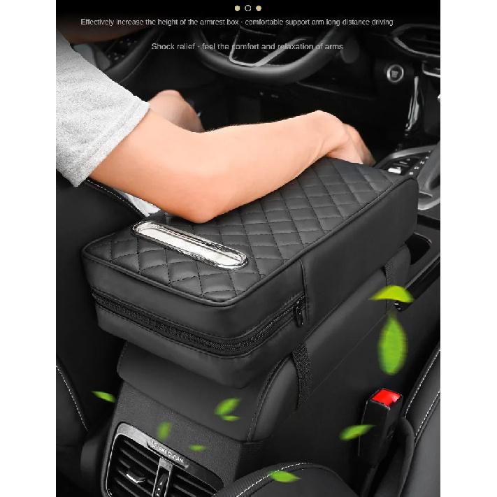 Car Armrest Cover Leather With Tissue Storage Memory Foam Height Pad Universal Auto Center Armrest Protective Cushion Support