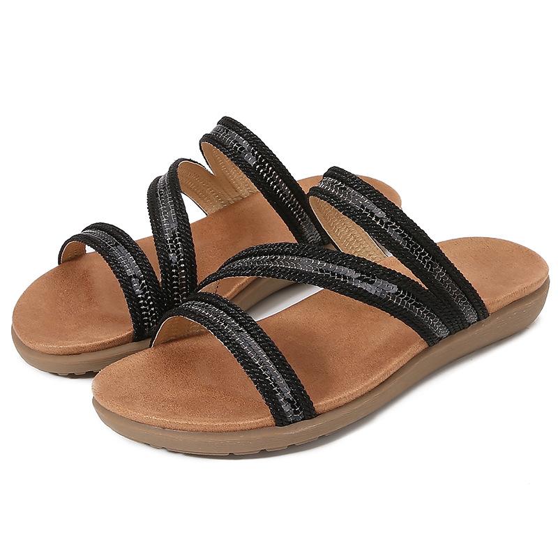 

IELTS Run Большие полые сандалии с плоской подошвой и стразами, удобные женские туфли Bohemian Wind Electric Embroidery Лето 42 чёрный