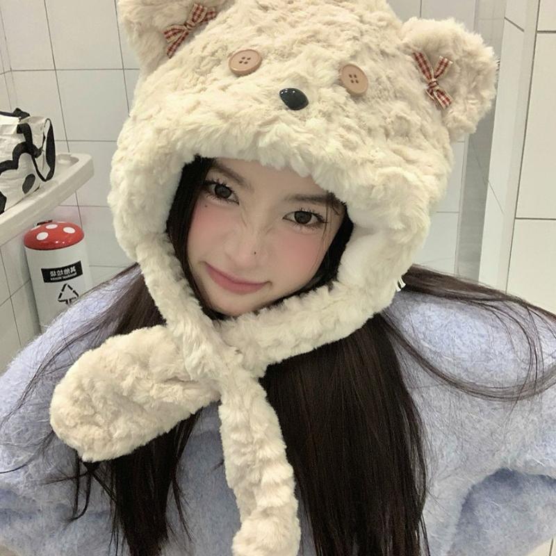Autumn Winter Cartoon Bear Plush Button Hat Scarf and Hat Integrated Thickened Windproof Warm Neck Warmer Hat