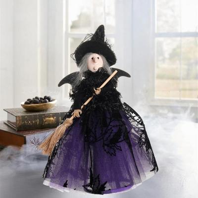 Conical Base Witch Decoration Spooky Halloween Witch Doll with Broom Gauze Skirt Small Figurine for Home Decor Parties Carnivals