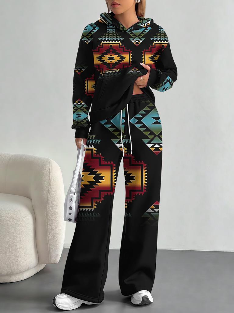 European And American Autumn And Winter Casual Long-Sleeved Suit Women'S Bohemian Hooded Sweater Trousers Two-Piece Set