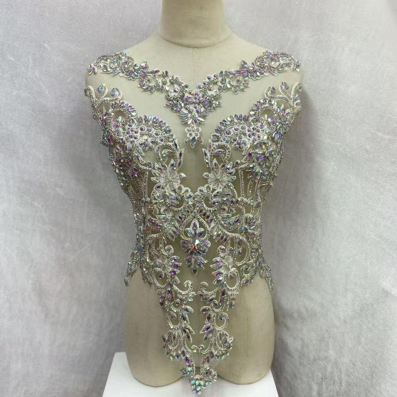 22 Colors Hand-Sewn Glass Rhinestone Beaded Embroidered Mesh Applique Patches for Dress Decoration Clothing Accessories
