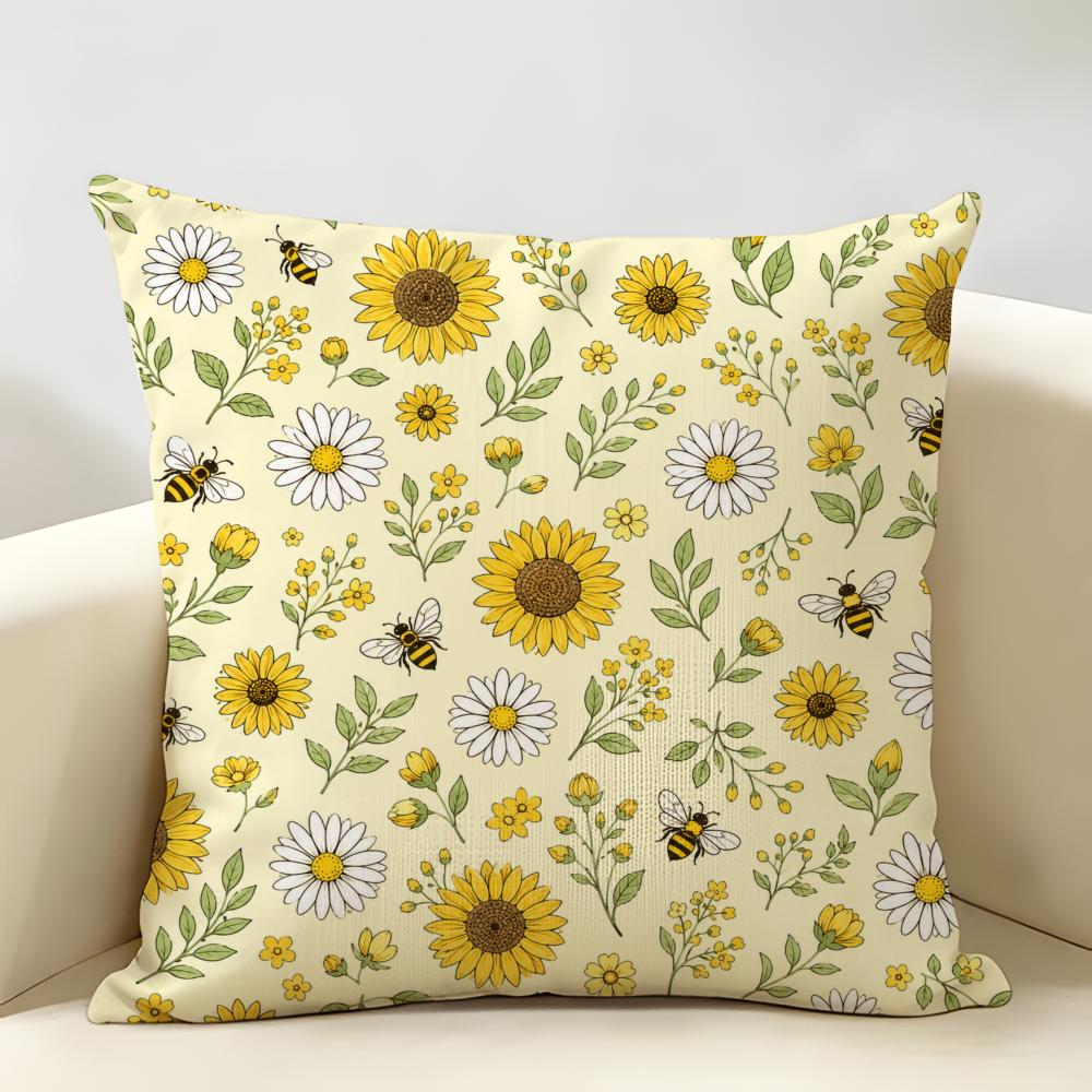 Floral Sunflowers Daisies Bees Butterflies Cushion Cover Durable Hypoallergenic Linen Pillow Cover Washable SkinFriendly