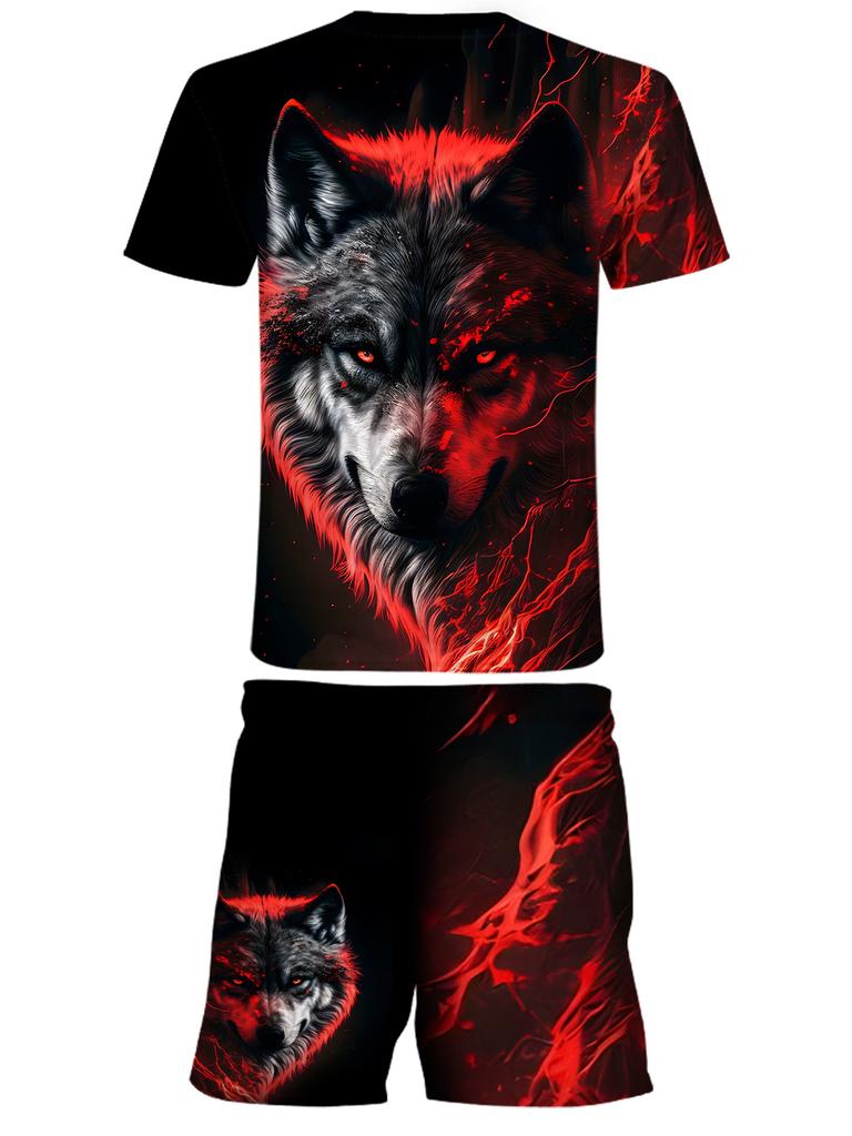 Summer Men Wolf Head Print Short Sleeve Set Breathable Outdoor Streetwear